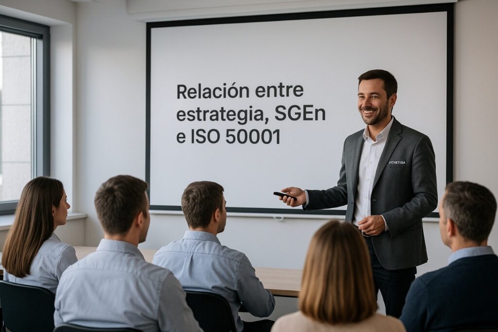 Formador de 3Finetika impartiendo una sesión sobre estrategia, SGEn e ISO 50001 a un equipo industrial