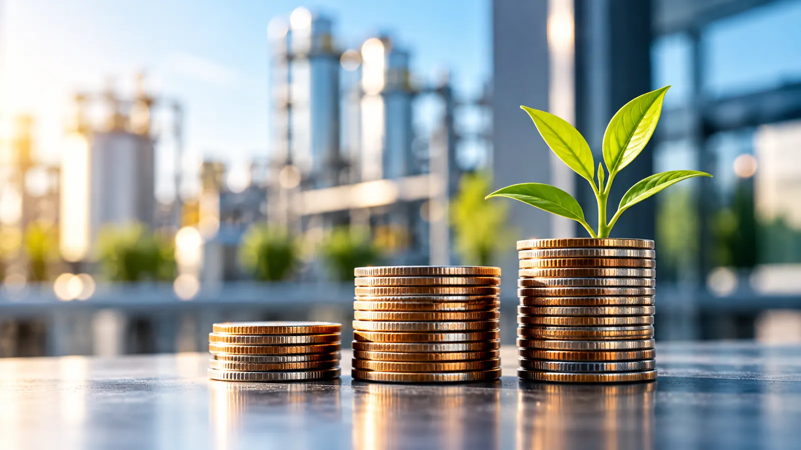 Monedas apiladas con una planta creciendo frente a una instalación industrial