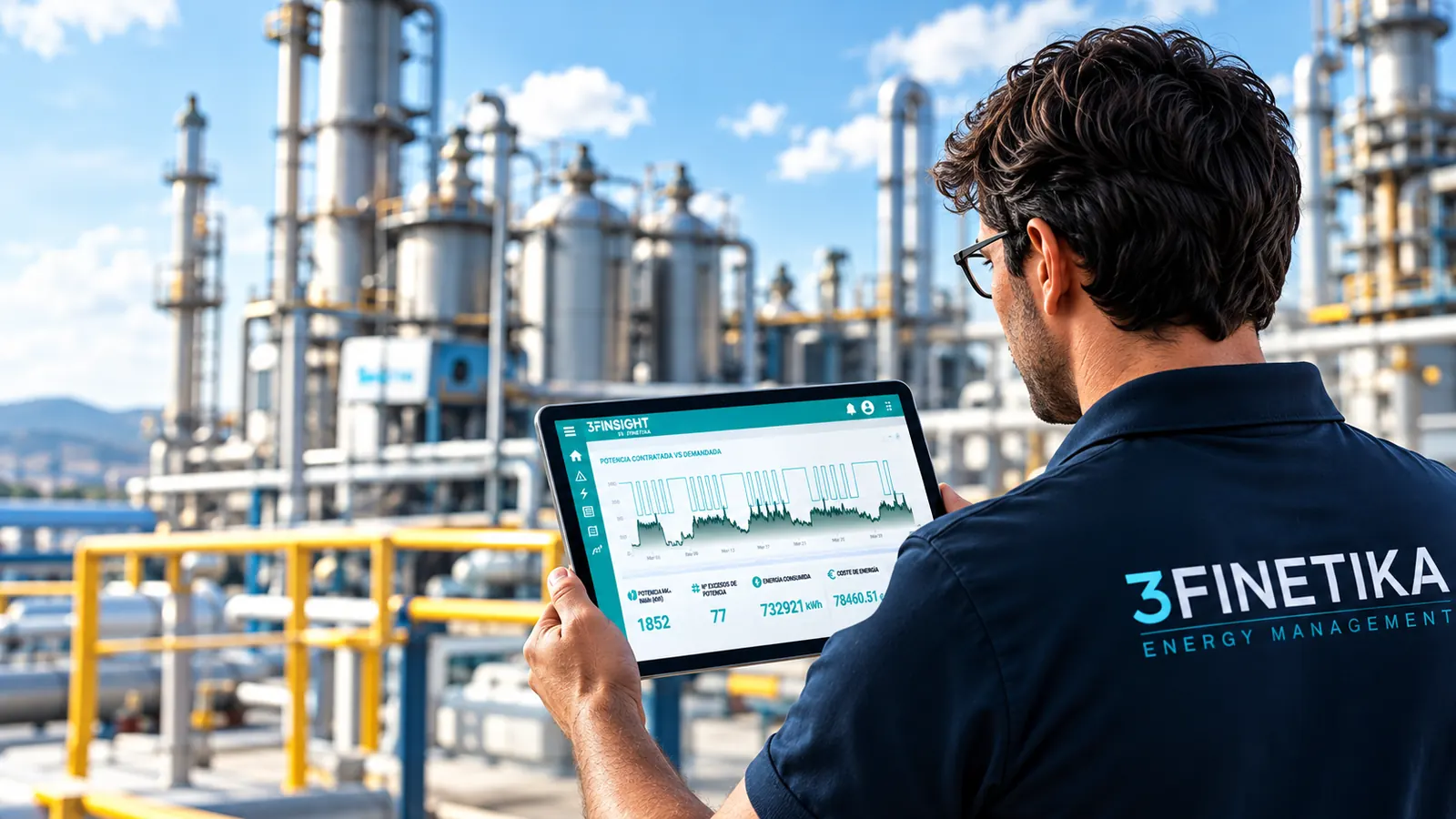 Energy Manager de 3Finetika revisando el panel energético en una tableta frente a la planta
