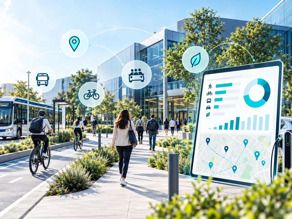 Personas llegando a un centro de trabajo en bicicleta, a pie y en autobús, con un panel de datos de movilidad